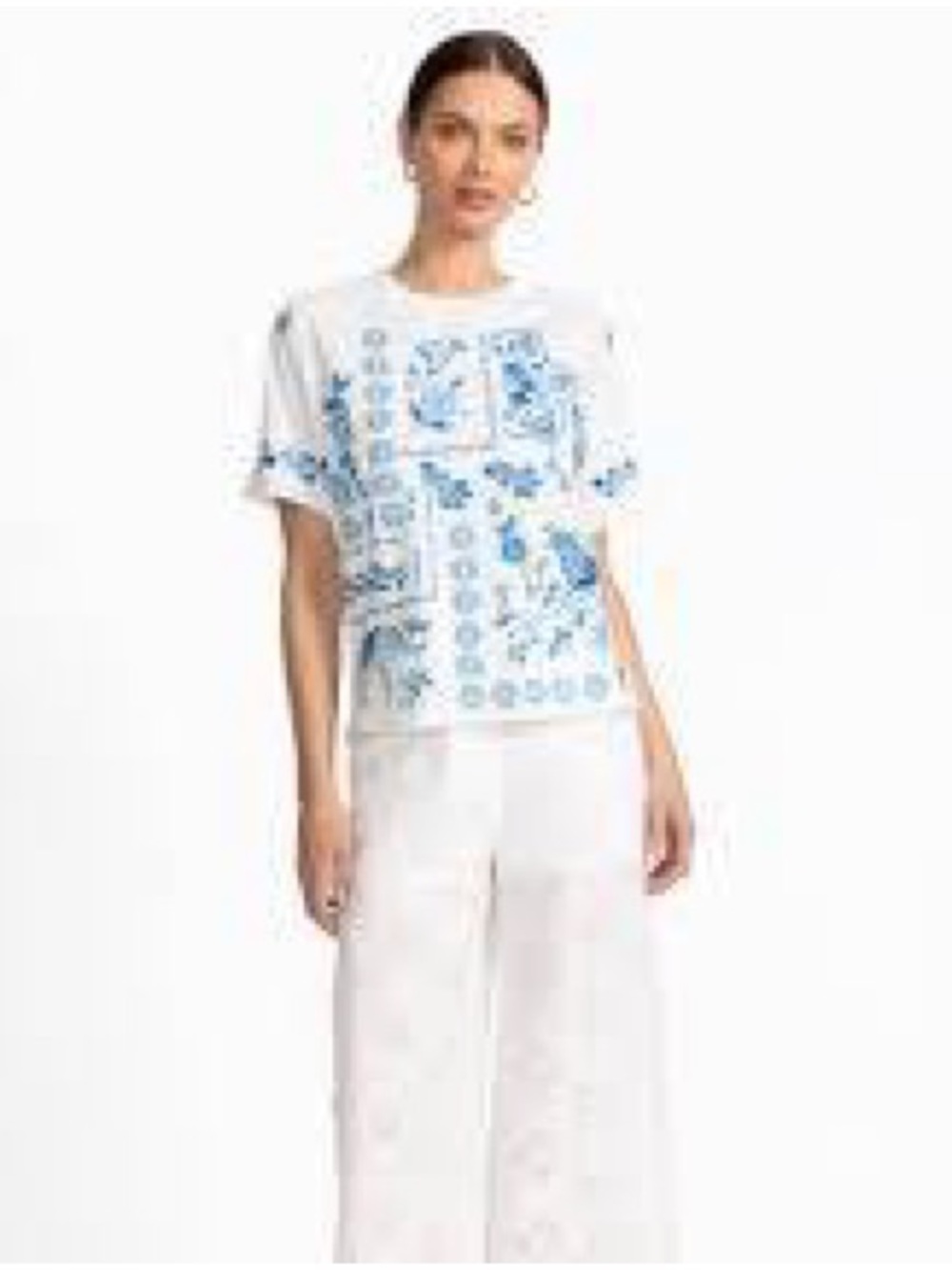 Johnny Was White Tee with Blue Floral Tile Print